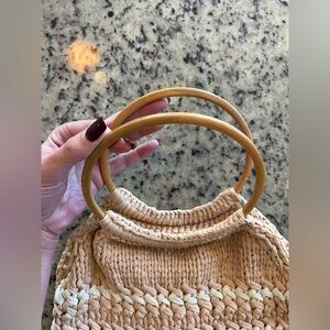 Handmade Beige and Cream Crochet Fringe Bag with wood handles